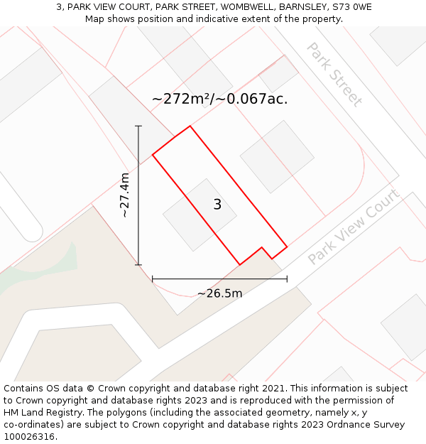 3, PARK VIEW COURT, PARK STREET, WOMBWELL, BARNSLEY, S73 0WE: Plot and title map
