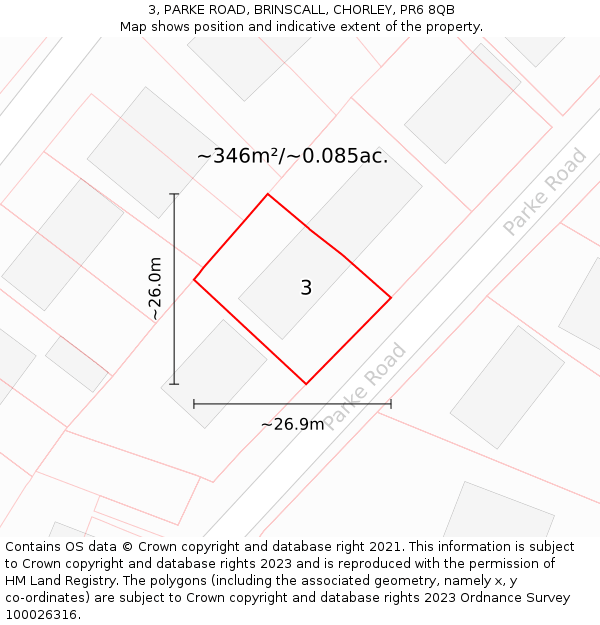 3, PARKE ROAD, BRINSCALL, CHORLEY, PR6 8QB: Plot and title map