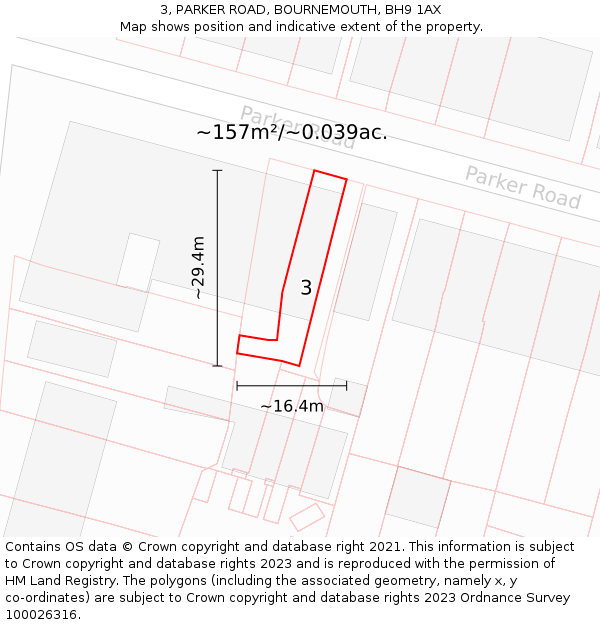 3, PARKER ROAD, BOURNEMOUTH, BH9 1AX: Plot and title map