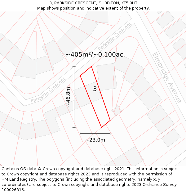 3, PARKSIDE CRESCENT, SURBITON, KT5 9HT: Plot and title map