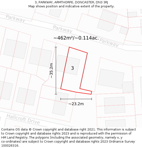 3, PARKWAY, ARMTHORPE, DONCASTER, DN3 3RJ: Plot and title map