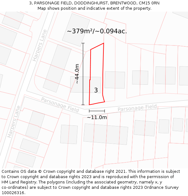 3, PARSONAGE FIELD, DODDINGHURST, BRENTWOOD, CM15 0RN: Plot and title map