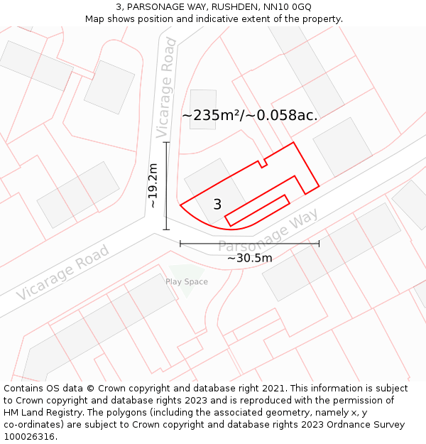 3, PARSONAGE WAY, RUSHDEN, NN10 0GQ: Plot and title map