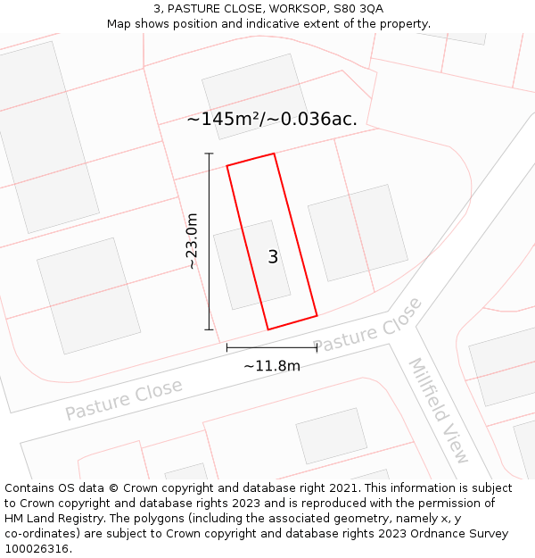 3, PASTURE CLOSE, WORKSOP, S80 3QA: Plot and title map