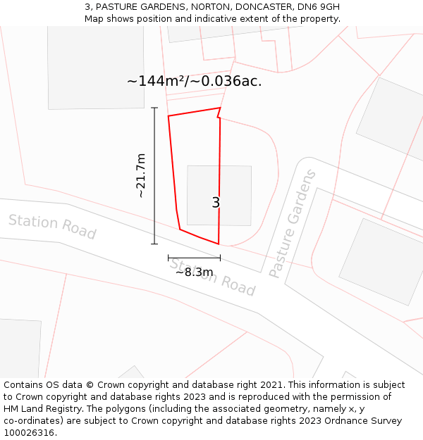 3, PASTURE GARDENS, NORTON, DONCASTER, DN6 9GH: Plot and title map