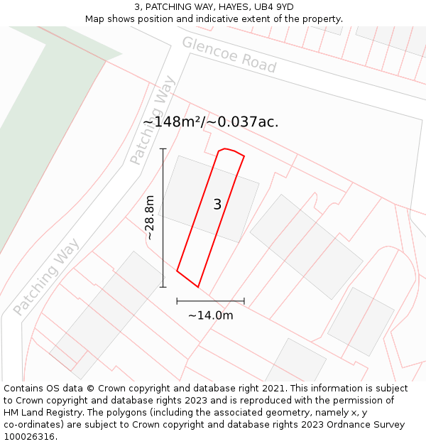 3, PATCHING WAY, HAYES, UB4 9YD: Plot and title map