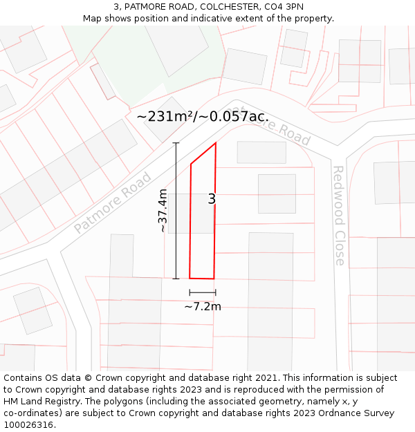 3, PATMORE ROAD, COLCHESTER, CO4 3PN: Plot and title map