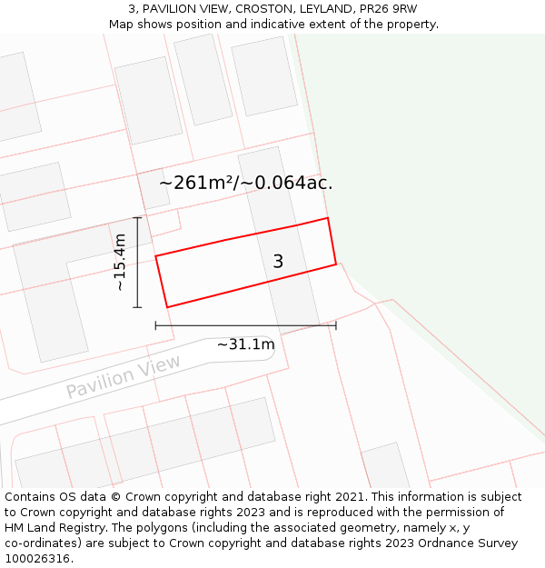 3, PAVILION VIEW, CROSTON, LEYLAND, PR26 9RW: Plot and title map