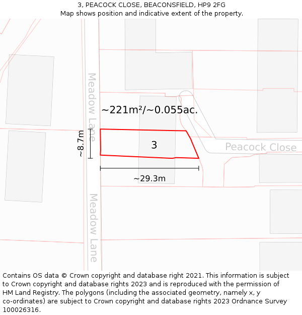 3, PEACOCK CLOSE, BEACONSFIELD, HP9 2FG: Plot and title map