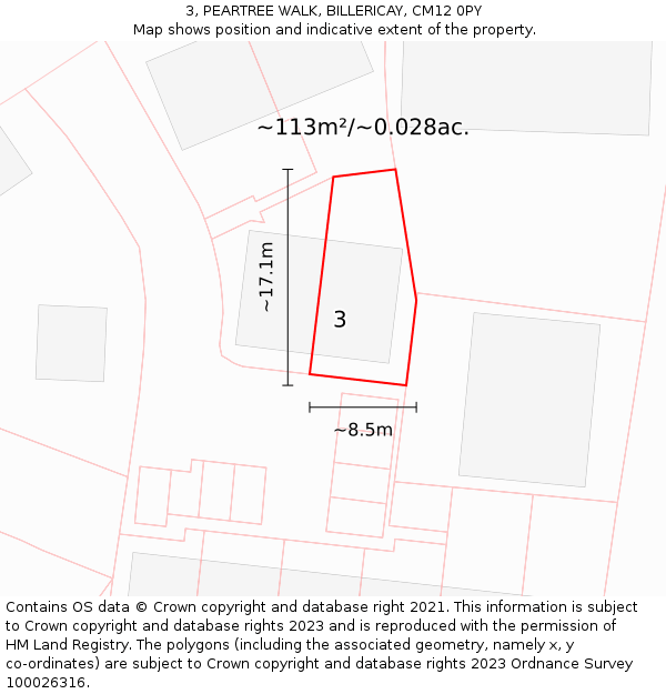 3, PEARTREE WALK, BILLERICAY, CM12 0PY: Plot and title map
