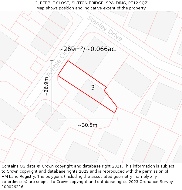 3, PEBBLE CLOSE, SUTTON BRIDGE, SPALDING, PE12 9QZ: Plot and title map