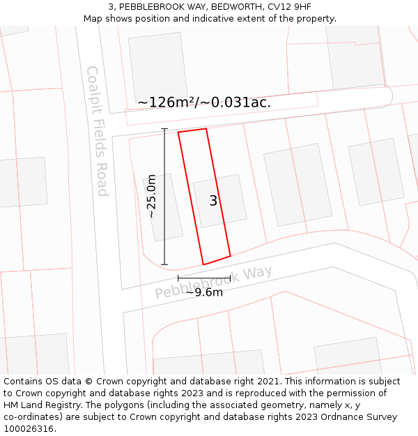 3, PEBBLEBROOK WAY, BEDWORTH, CV12 9HF: Plot and title map