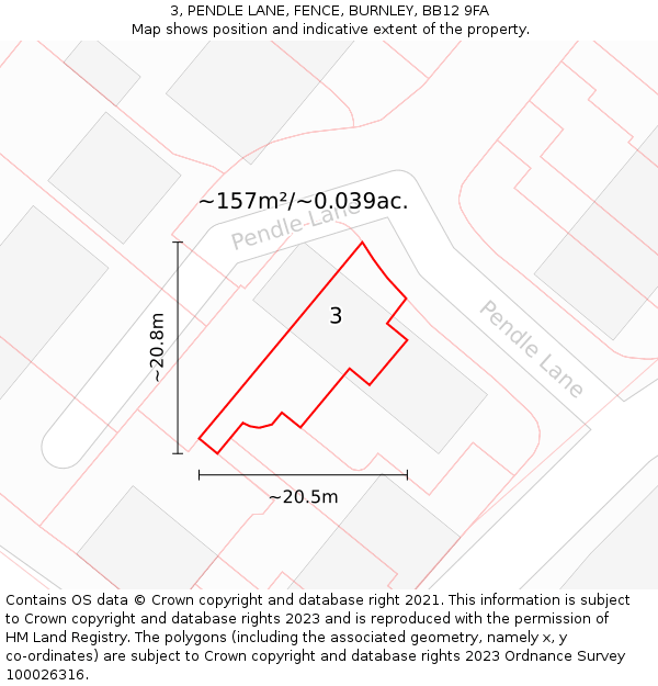 3, PENDLE LANE, FENCE, BURNLEY, BB12 9FA: Plot and title map