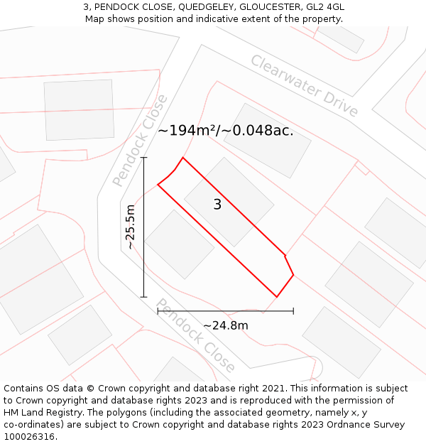 3, PENDOCK CLOSE, QUEDGELEY, GLOUCESTER, GL2 4GL: Plot and title map