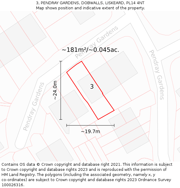 3, PENDRAY GARDENS, DOBWALLS, LISKEARD, PL14 4NT: Plot and title map