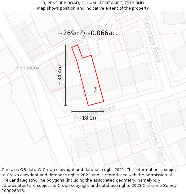 3, PENDREA ROAD, GULVAL, PENZANCE, TR18 3ND: Plot and title map