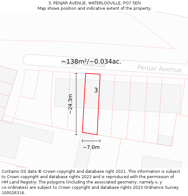 3, PENJAR AVENUE, WATERLOOVILLE, PO7 5EN: Plot and title map