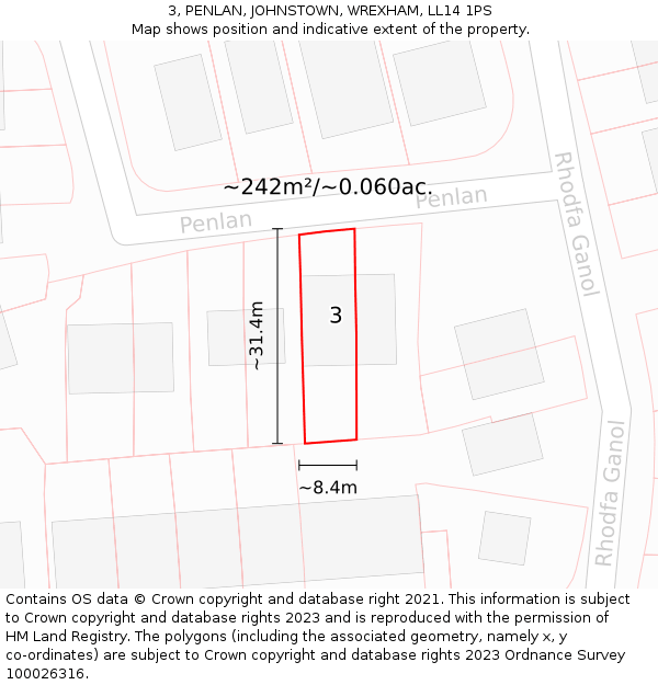 3, PENLAN, JOHNSTOWN, WREXHAM, LL14 1PS: Plot and title map