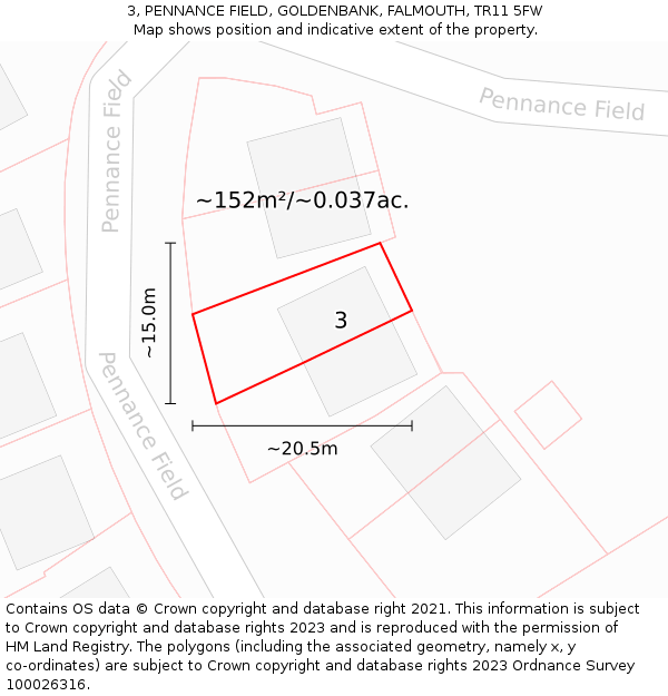 3, PENNANCE FIELD, GOLDENBANK, FALMOUTH, TR11 5FW: Plot and title map