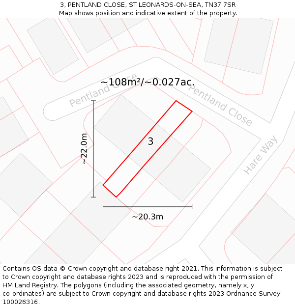 3, PENTLAND CLOSE, ST LEONARDS-ON-SEA, TN37 7SR: Plot and title map