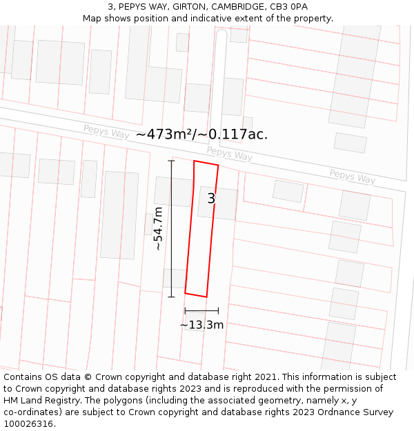 3, PEPYS WAY, GIRTON, CAMBRIDGE, CB3 0PA: Plot and title map