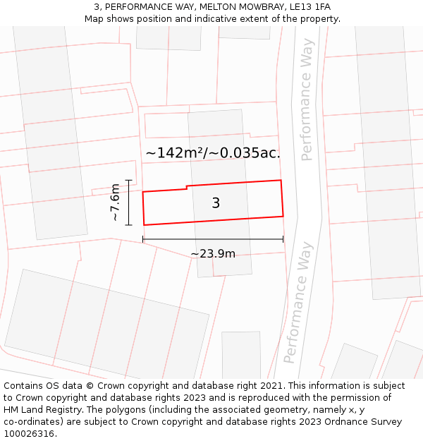 3, PERFORMANCE WAY, MELTON MOWBRAY, LE13 1FA: Plot and title map