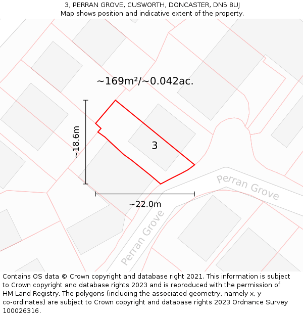 3, PERRAN GROVE, CUSWORTH, DONCASTER, DN5 8UJ: Plot and title map