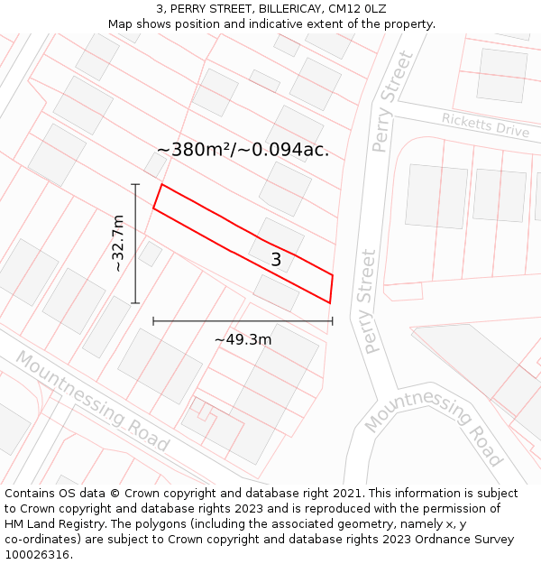 3, PERRY STREET, BILLERICAY, CM12 0LZ: Plot and title map