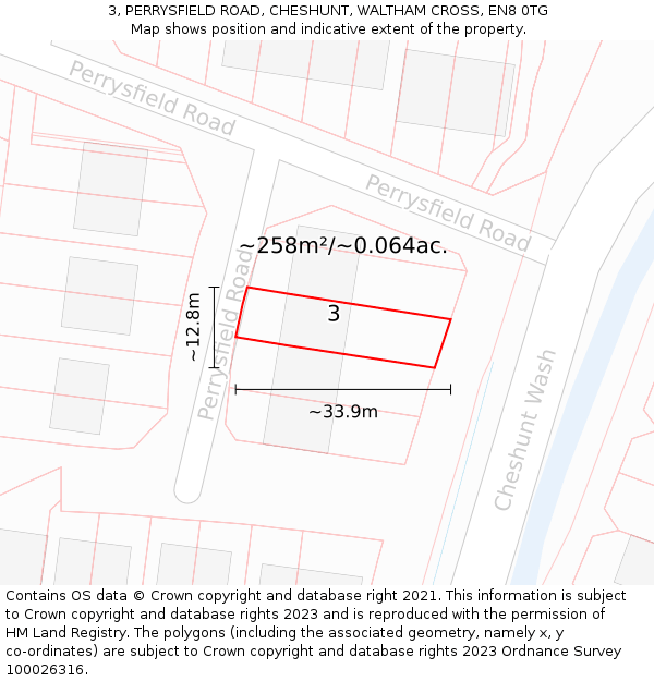 3, PERRYSFIELD ROAD, CHESHUNT, WALTHAM CROSS, EN8 0TG: Plot and title map