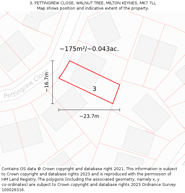 3, PETTINGREW CLOSE, WALNUT TREE, MILTON KEYNES, MK7 7LL: Plot and title map