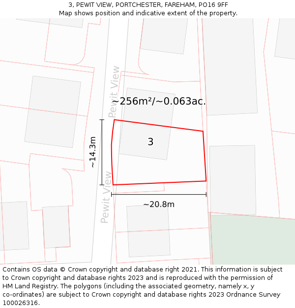 3, PEWIT VIEW, PORTCHESTER, FAREHAM, PO16 9FF: Plot and title map