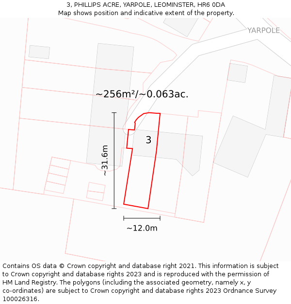 3, PHILLIPS ACRE, YARPOLE, LEOMINSTER, HR6 0DA: Plot and title map