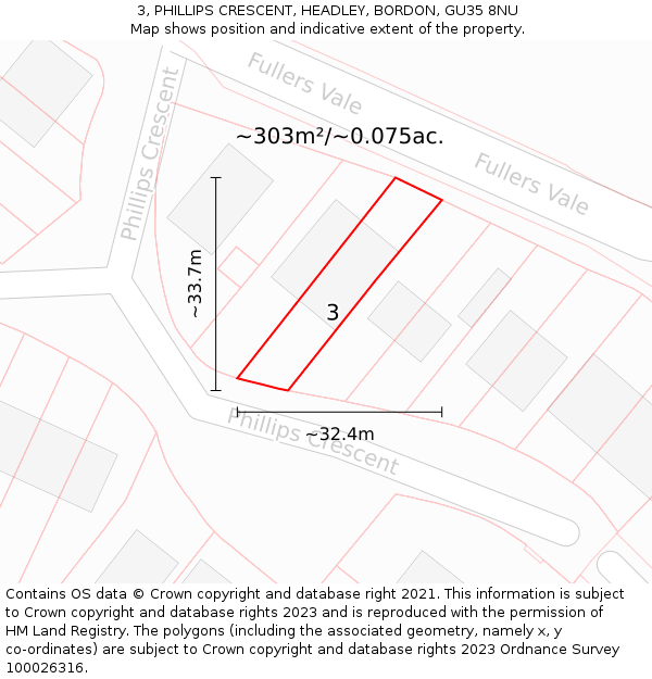 3, PHILLIPS CRESCENT, HEADLEY, BORDON, GU35 8NU: Plot and title map