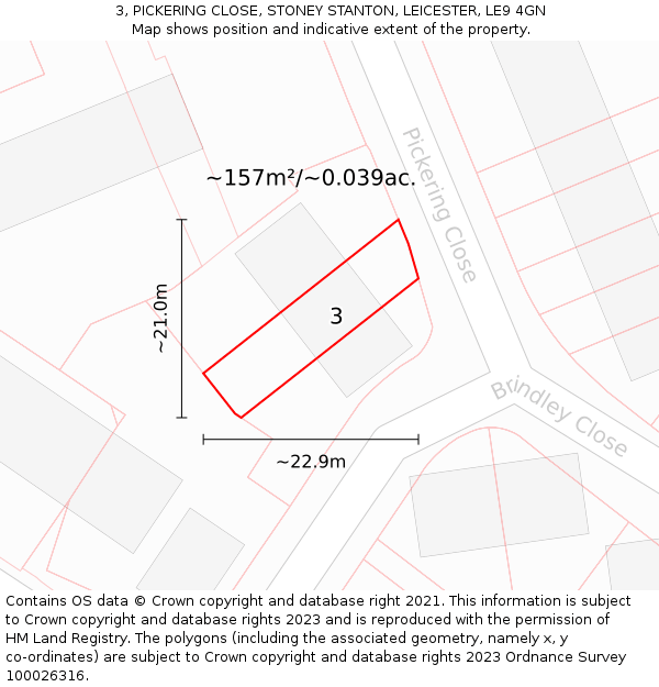 3, PICKERING CLOSE, STONEY STANTON, LEICESTER, LE9 4GN: Plot and title map