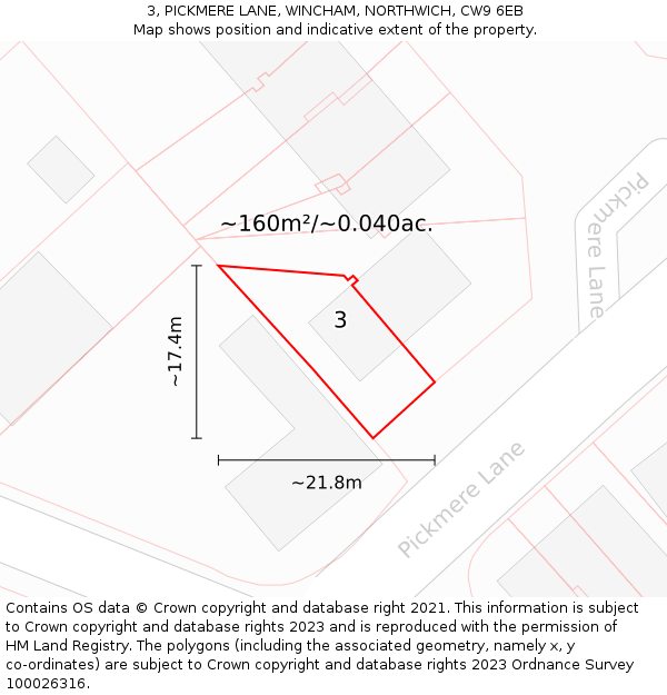 3, PICKMERE LANE, WINCHAM, NORTHWICH, CW9 6EB: Plot and title map
