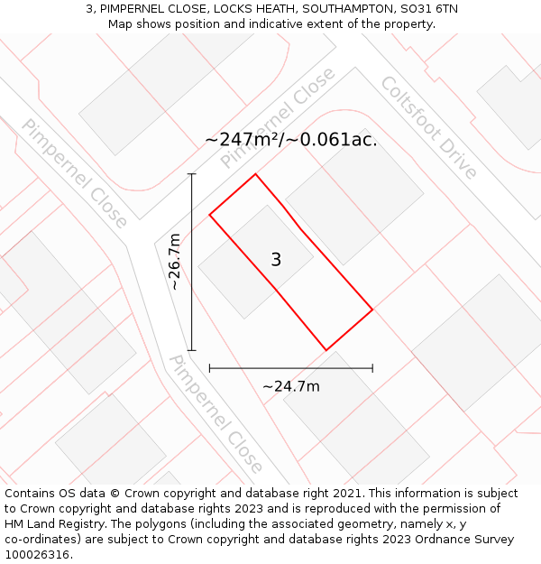 3, PIMPERNEL CLOSE, LOCKS HEATH, SOUTHAMPTON, SO31 6TN: Plot and title map