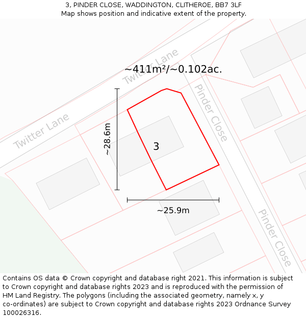 3, PINDER CLOSE, WADDINGTON, CLITHEROE, BB7 3LF: Plot and title map