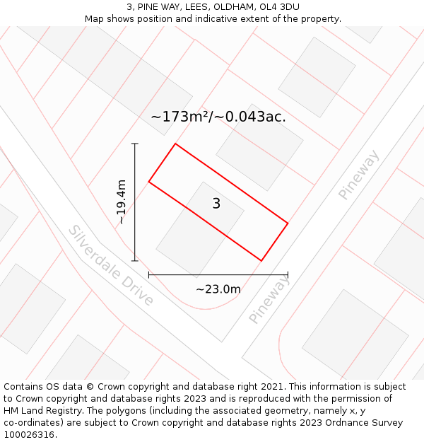 3, PINE WAY, LEES, OLDHAM, OL4 3DU: Plot and title map