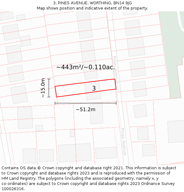 3, PINES AVENUE, WORTHING, BN14 9JG: Plot and title map