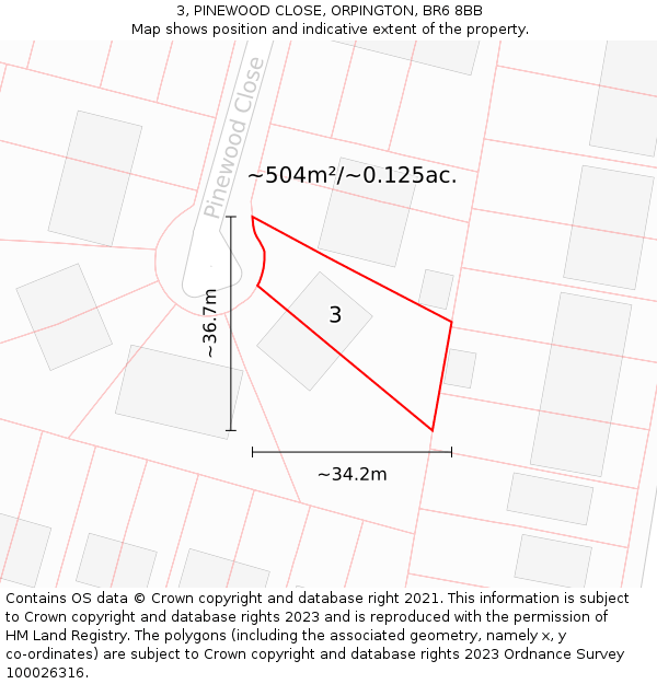 3, PINEWOOD CLOSE, ORPINGTON, BR6 8BB: Plot and title map