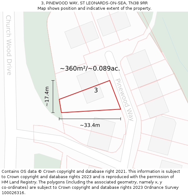 3, PINEWOOD WAY, ST LEONARDS-ON-SEA, TN38 9RR: Plot and title map