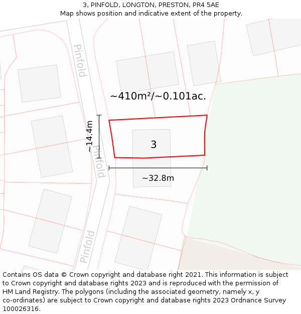 3, PINFOLD, LONGTON, PRESTON, PR4 5AE: Plot and title map