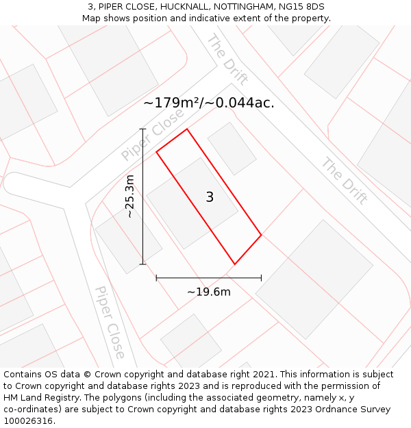 3, PIPER CLOSE, HUCKNALL, NOTTINGHAM, NG15 8DS: Plot and title map