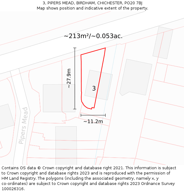 3, PIPERS MEAD, BIRDHAM, CHICHESTER, PO20 7BJ: Plot and title map
