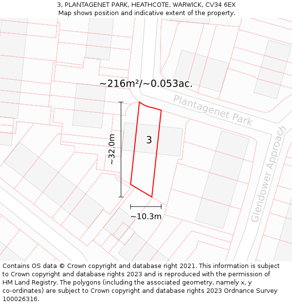 3, PLANTAGENET PARK, HEATHCOTE, WARWICK, CV34 6EX: Plot and title map