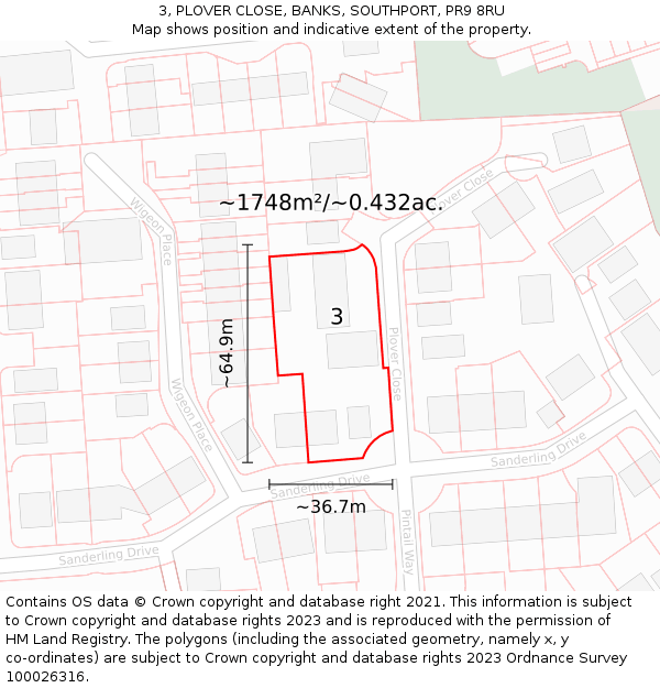 3, PLOVER CLOSE, BANKS, SOUTHPORT, PR9 8RU: Plot and title map