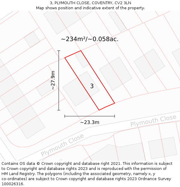 3, PLYMOUTH CLOSE, COVENTRY, CV2 3LN: Plot and title map