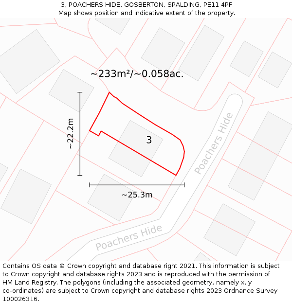 3, POACHERS HIDE, GOSBERTON, SPALDING, PE11 4PF: Plot and title map
