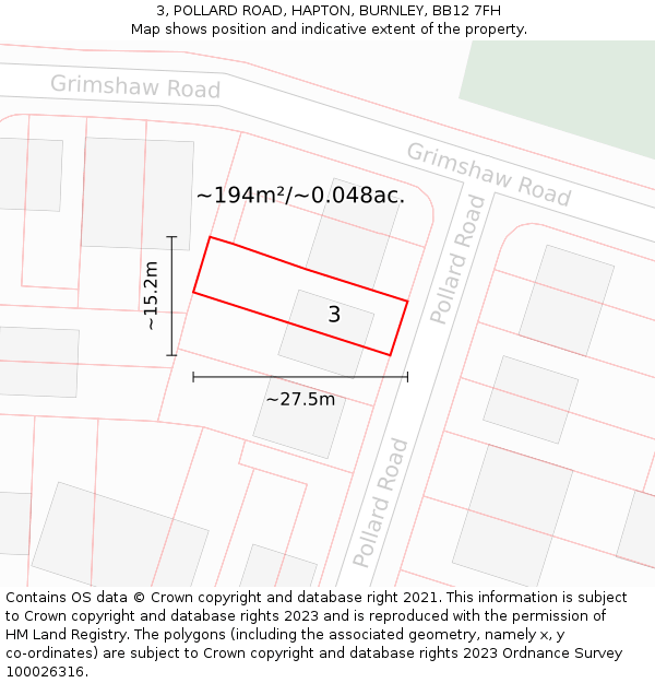 3, POLLARD ROAD, HAPTON, BURNLEY, BB12 7FH: Plot and title map