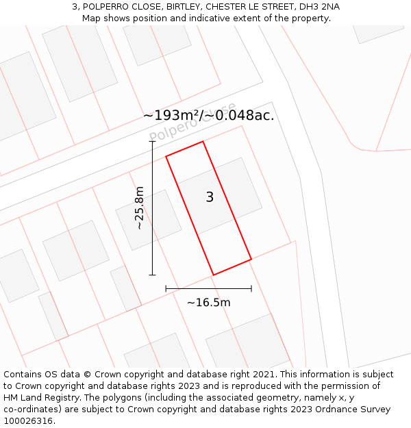 3, POLPERRO CLOSE, BIRTLEY, CHESTER LE STREET, DH3 2NA: Plot and title map